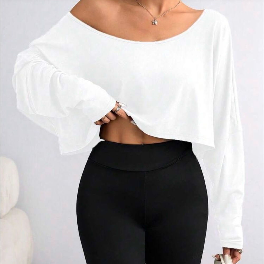 White Off-Shoulder Cropped Long-Sleeve Top